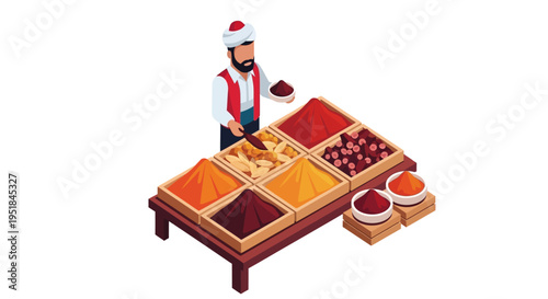 Strategic global sourcing and authentic culinary diversity represented by a traditional spice merchant illustration for international food branding