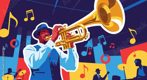 Dynamic vector illustration of a professional jazz musician leading a high-energy performance for soul music festivals and urban creative agency campaigns