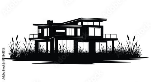 A modern architectural house with a flat roof and large windows is depicted in black a striking silhouette high quality professional