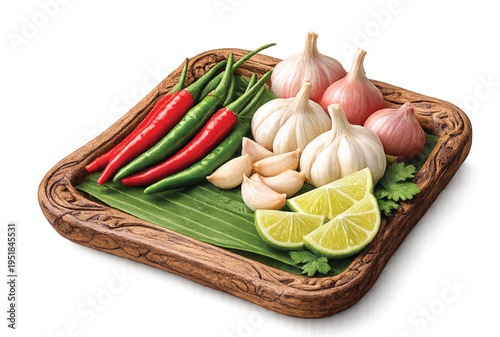Thai Ingredients Set in Wooden Tray Isolated – Chili, Lime, Garlic and Shallots in Traditional Style