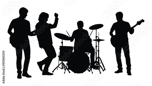 Four musicians playing instruments in a band