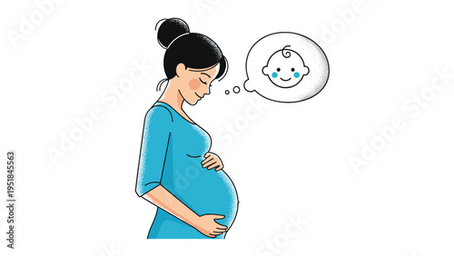 Smiling pregnant woman wearing a blue dress holding her belly and dreaming about her future baby in a thought bubble above her.