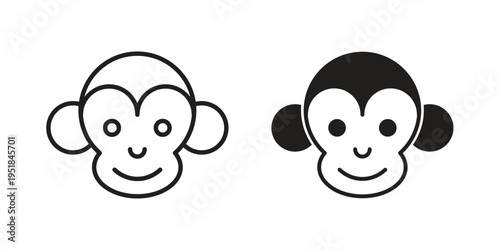 Monkey icon set in black outline and fill. Editable icons