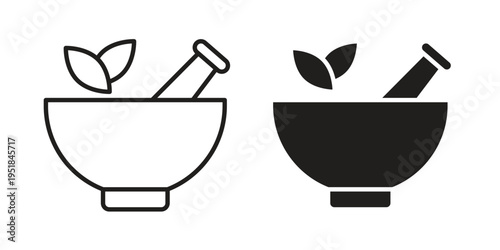 Mortar pestle icon set in black outline and fill. Editable icons