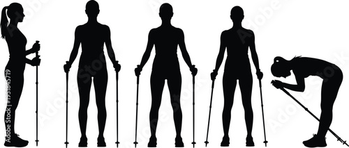 Silhouette of a woman practicing Nordic walking, hiking with trekking poles, fitness training exercises, outdoors sports activity, isolated white background.