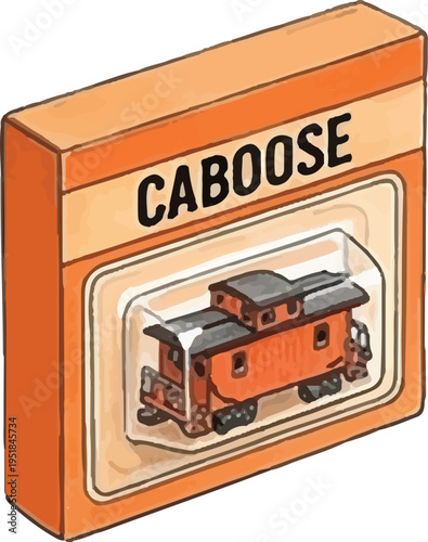 Caboose Toy Train Car Model in Orange Collectible Packaging Box - Retro Cartoon Vector Illustration