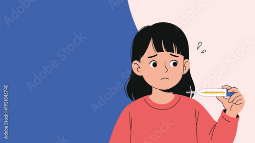 Worried young girl in a red sweater holding a medical thermometer looking concerned about a fever or high body temperature.