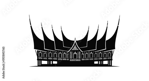 A striking black silhouette of a traditional minangkabau house with ornate roof details showcasing cultural architecture silhouette high quality professional detailed