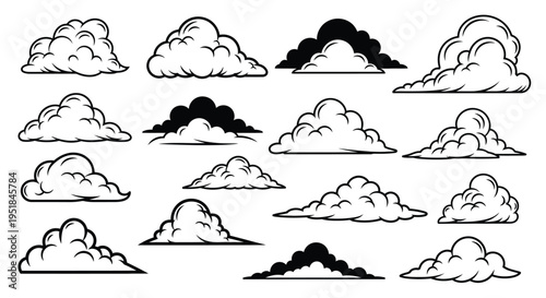 Collection of fluffy clouds in various shapes and sizes silhouette
