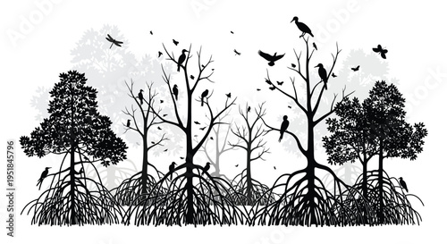 A stark black and white illustration depicts trees birds and a dragonfly creating a dramatic silhouette high quality professional detailed modern