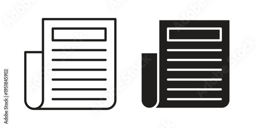 Newspaper icon set in black outline and fill. Editable icons