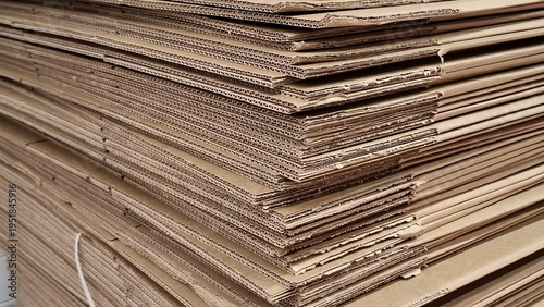 Stack of corrugated cardboard sheets in warehouse. Industrial eco-friendly packaging material, paper recycling, logistic, shipping, delivery services, house moving, trade. Flat folded boxes piled high