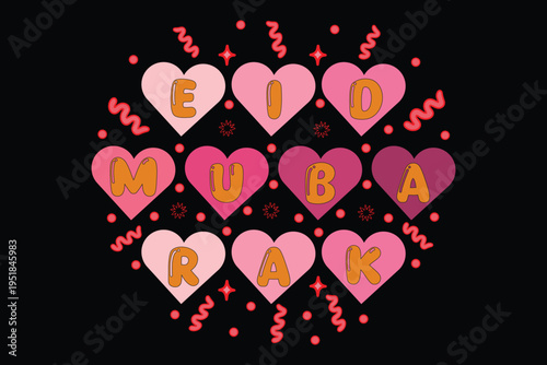 Eid Mubarak Heart Typography Design, Islamic Holiday Eid Mubarak Design, Eid Mubarak Cute Typography Art.