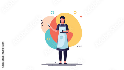 Professional waitress in a blue uniform and white apron holding a menu and a cup of coffee in front of a colorful abstract background.