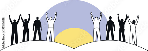 Group of people standing on hill with arms raised in celebration at sunrise or sunset