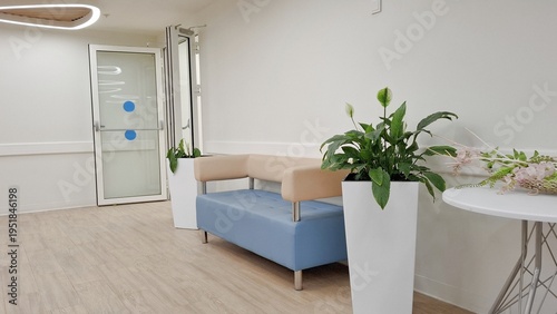 Modern hospital waiting room or clinic lobby with minimalist blue sofa and green plants in white pots. Bright and clean atmosphere of comfort, sterility, and wellness. Interior of Moscow polyclinic