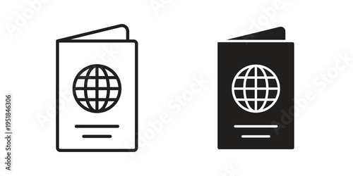 Passport icon set in black outline and fill. Editable icons