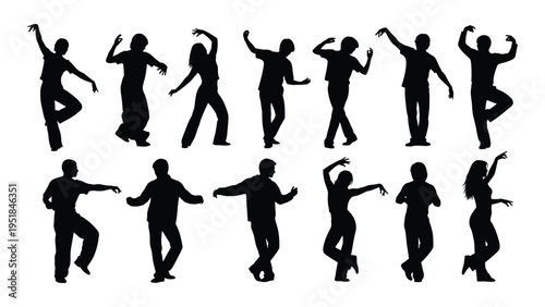 A group of people dancing in various poses