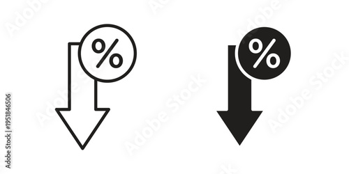 Percent down icon set in black outline and fill. Editable icons