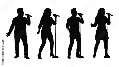 Four people singing into microphones