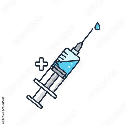 Medical syringe with blue liquid and healthcare plus sign