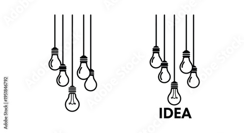 Hanging lightbulbs and the word idea presented as a silhouette