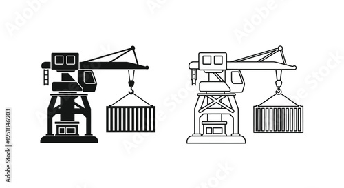 Two industrial port cranes with shipping containers a stark silhouette