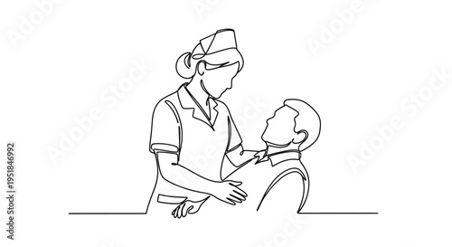 Nurse examining a male patient with a caring touch line art silhouette