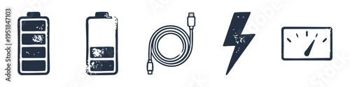 Battery, Cable and Lightning Monochrome Icon Set. High quality stock illustration with clear subject focus, cohesive composition, and versatile commercial applicability across branding, editorial, and