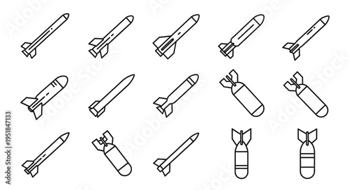 Collection of various missile and bomb line art a stark silhouette