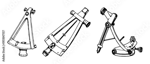 Sextant set with vintage engraving style and fine line hatching featuring maritime, navigation, antique with precision and detailed illustration