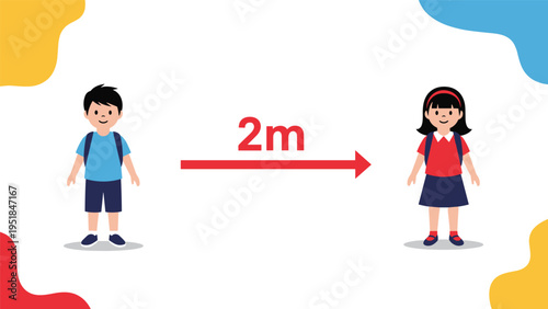 Visual guide showing a boy and a girl practicing social distancing with a two meter gap indicated by a red arrow and text.