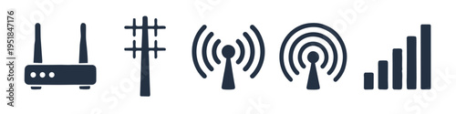Router, Cell Tower and Antenna Monochrome Icon Set. High quality stock illustration with clear subject focus, cohesive composition, and versatile commercial applicability across branding, editorial.
