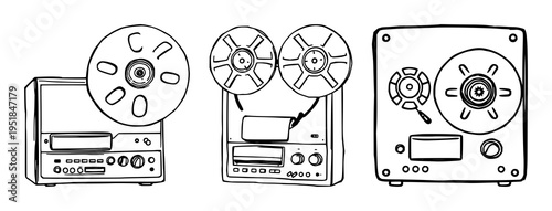 Audio tape recorder set with retro electronics featuring vintage sound, classic media, analog device with music player and recording equipment
