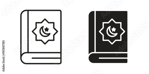 Quran book icon set in black outline and fill. Editable icons