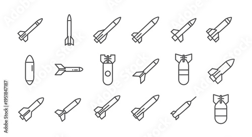 Various missile and bomb designs presented as a dark silhouette