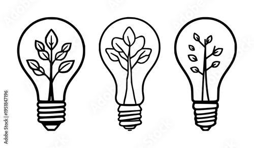 Tree-lightbulb set with minimalist pictogram inside a bright green idea symbol featuring bold lines, simple illustration, green color with white background and corporate icon