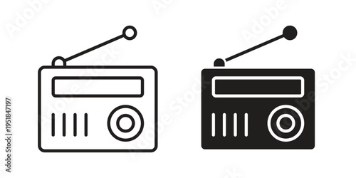 Radio icon set in black outline and fill. Editable icons
