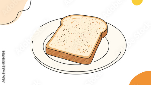 Simple flat illustration of a single slice of toasted whole grain bread resting on a white ceramic plate with abstract shapes.