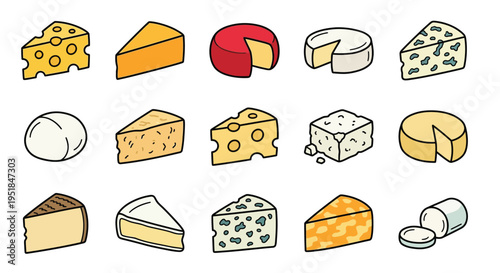 Assorted cheese collection a colorful and detailed illustration