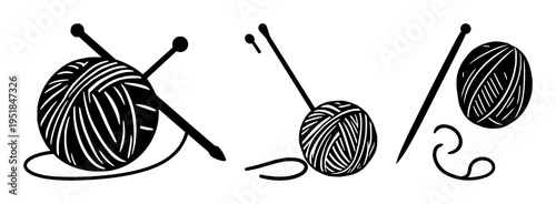 Knitting needles set with solid black silhouette of knitting needles and yarn ball featuring silhouette, black line art, yarn with needles and hobby