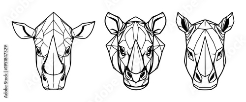 Rhino head set with symmetrical line art of heavy polygonal lines on white background featuring modern style, illustration, vector graphics with geometric and schematic and artistic