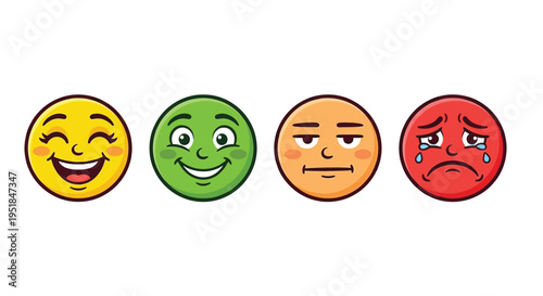 Four colorful cartoon emoticons displaying different emotional expressions