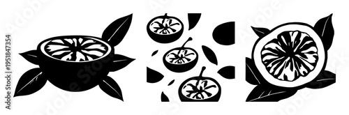 Passion fruit set with half exposed and close‑up of a seed‑filled core rendered in solid black lines featuring exotic superfruit, tropical flavour, bold illustration with texture and contrast