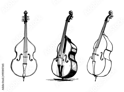 Double bass set with sketchbook style drawing featuring upright double bass, black ink pen, artistic textures with illustration and black and white