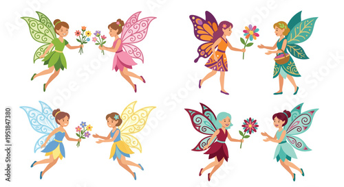 Colorful cartoon fairies with butterfly wings holding bouquets of flowers