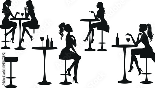 Women socializing silhouette illustration, six seated figures at bar tables with wine glasses, nightlife leisure theme, vector art, black isolated bold design for lifestyle visuals