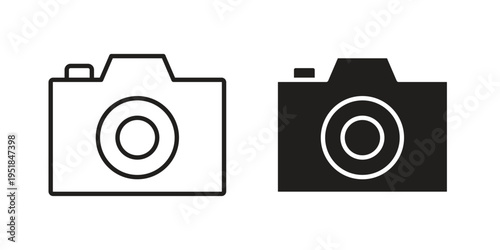 Retro camera icon set in black outline and fill. Editable icons