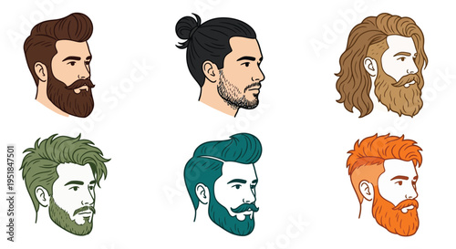 Illustrative collection of six different men s hairstyles and facial hair