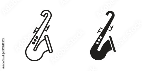 Saxophone icon set in black outline and fill. Editable icons